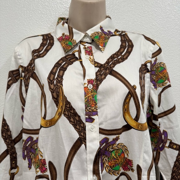 Lauren Ralph Lauren Equestrian Button Up Blouse Horse Bridle Bit Sz 12 Slim Fit - Picture 4 of 16